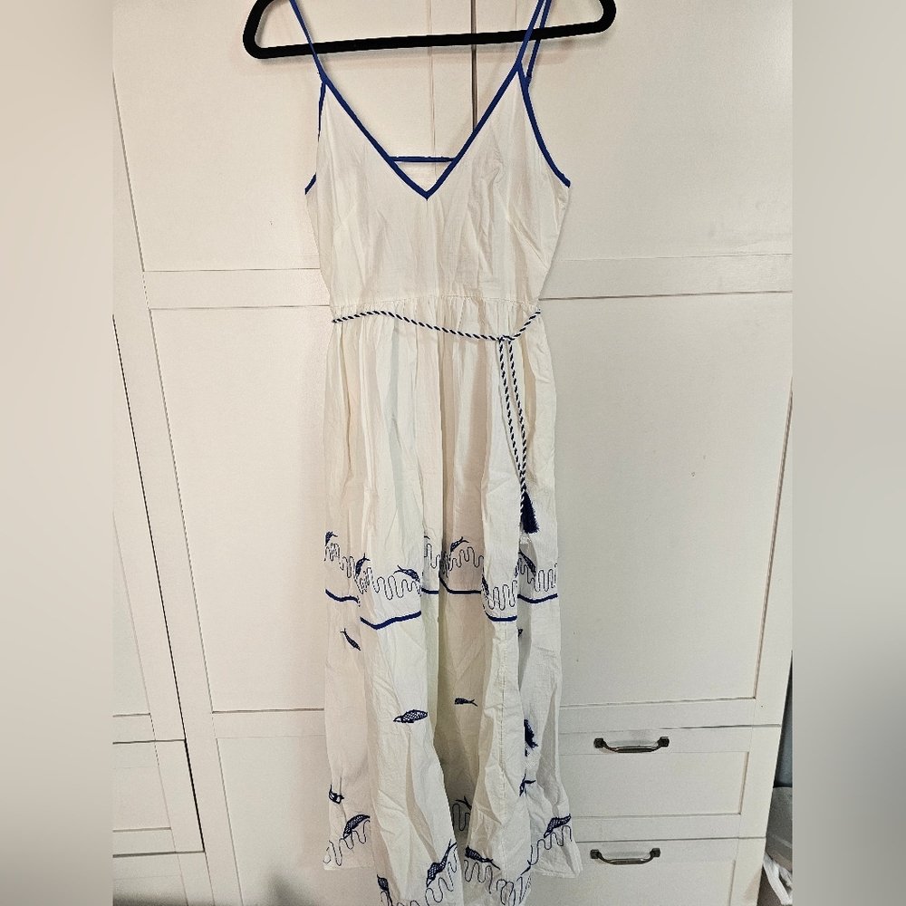 Anthro Celandine Embroidered Cotton Tiered Maxi Dress White Blue XS NWT Pockets